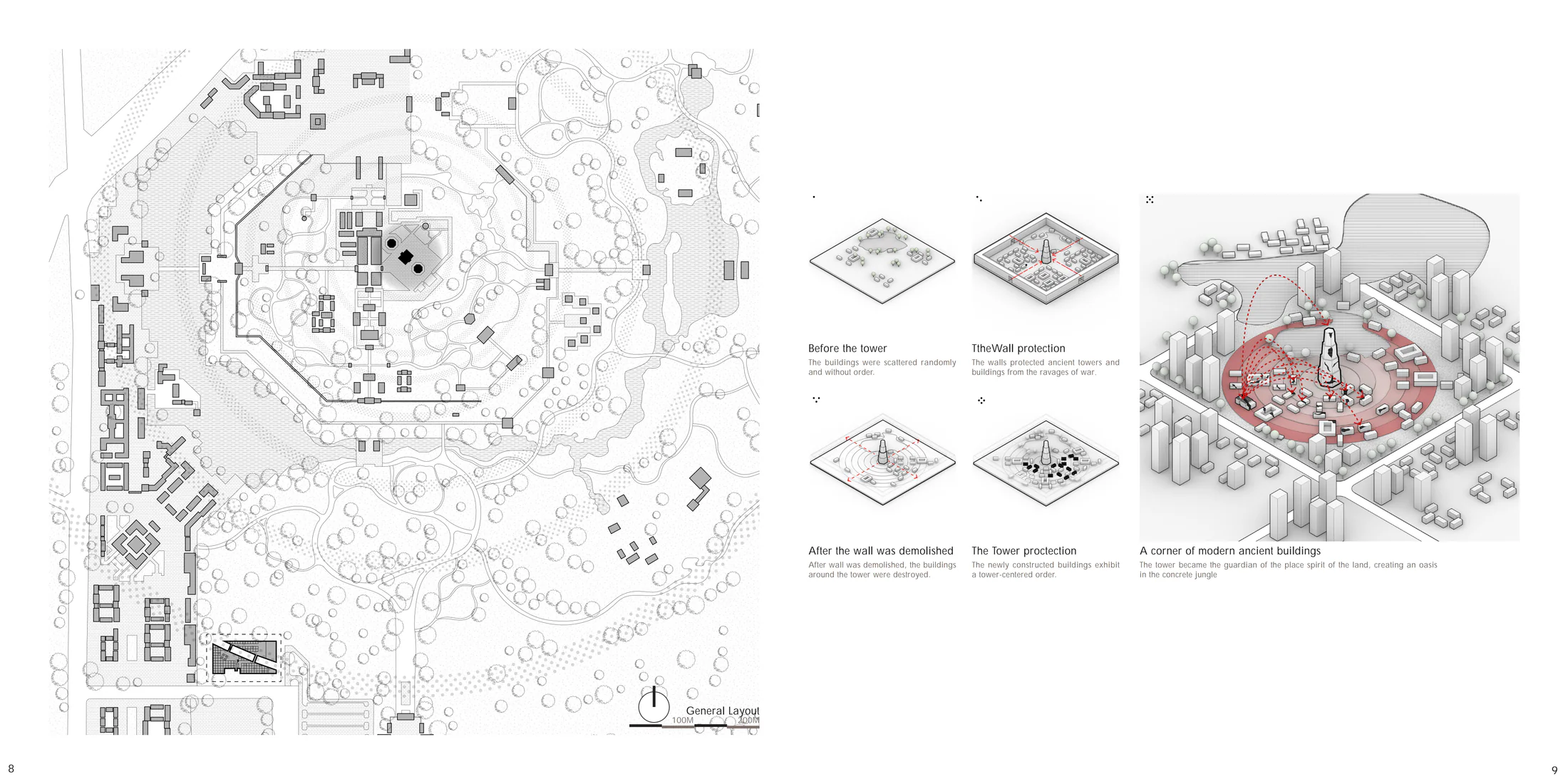 Architecture portfolio spread 05: Site plan and the square-circle concept