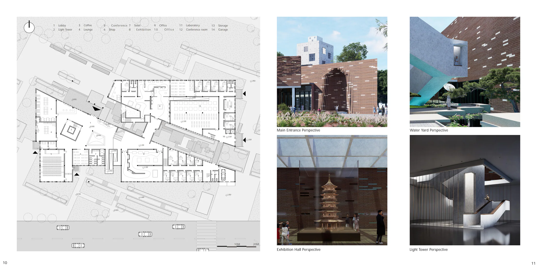 Architecture portfolio spread 06: Ground plan and interior perspectives