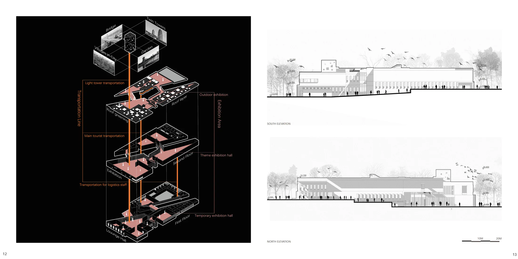 Architecture portfolio spread 07: Exploded circulation and elevations