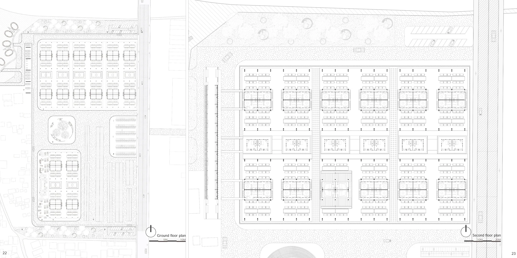 Architecture portfolio spread 12: Ground and upper-level market plans