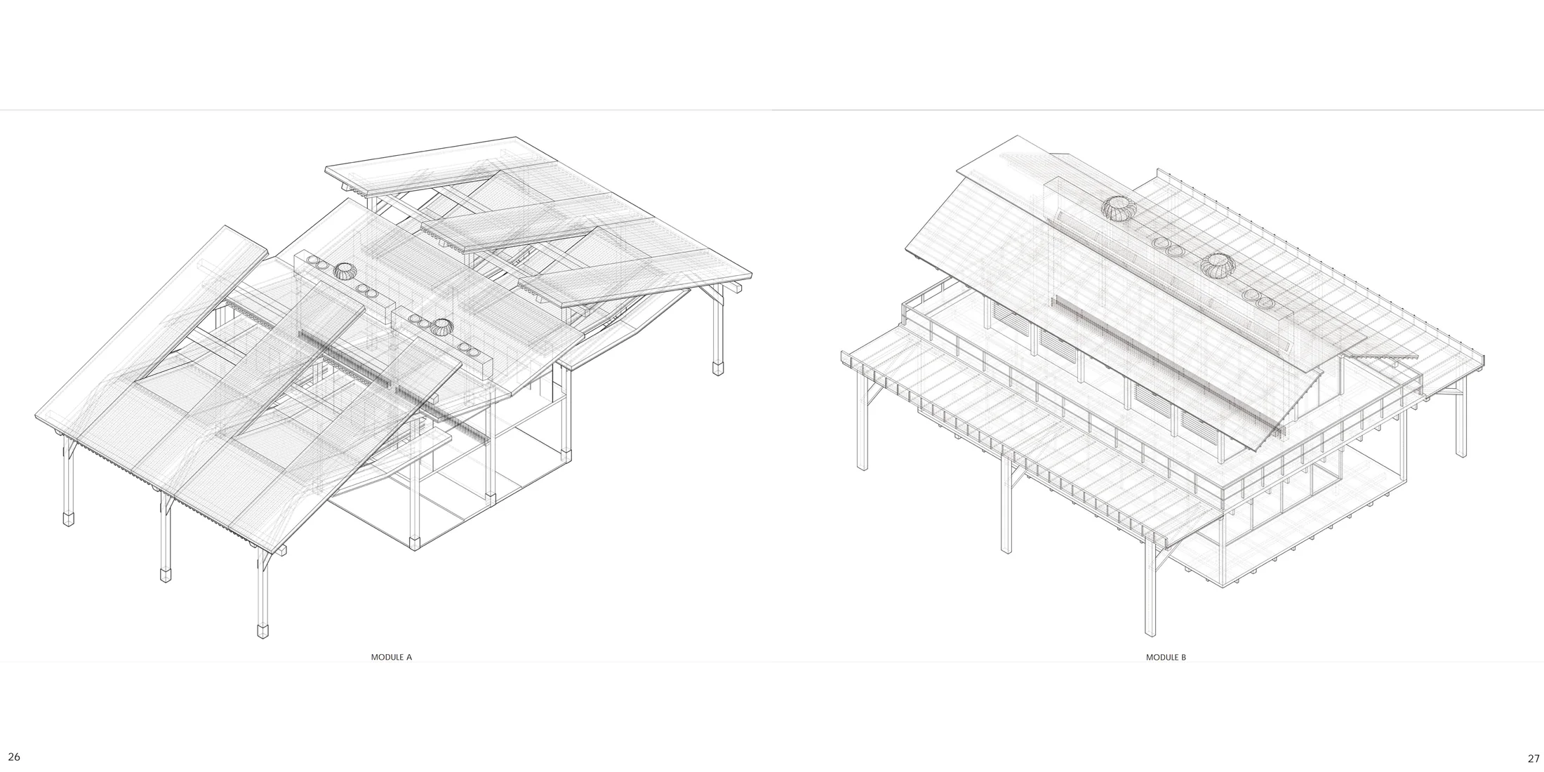 Architecture portfolio spread 14: Two eave-module axonometrics