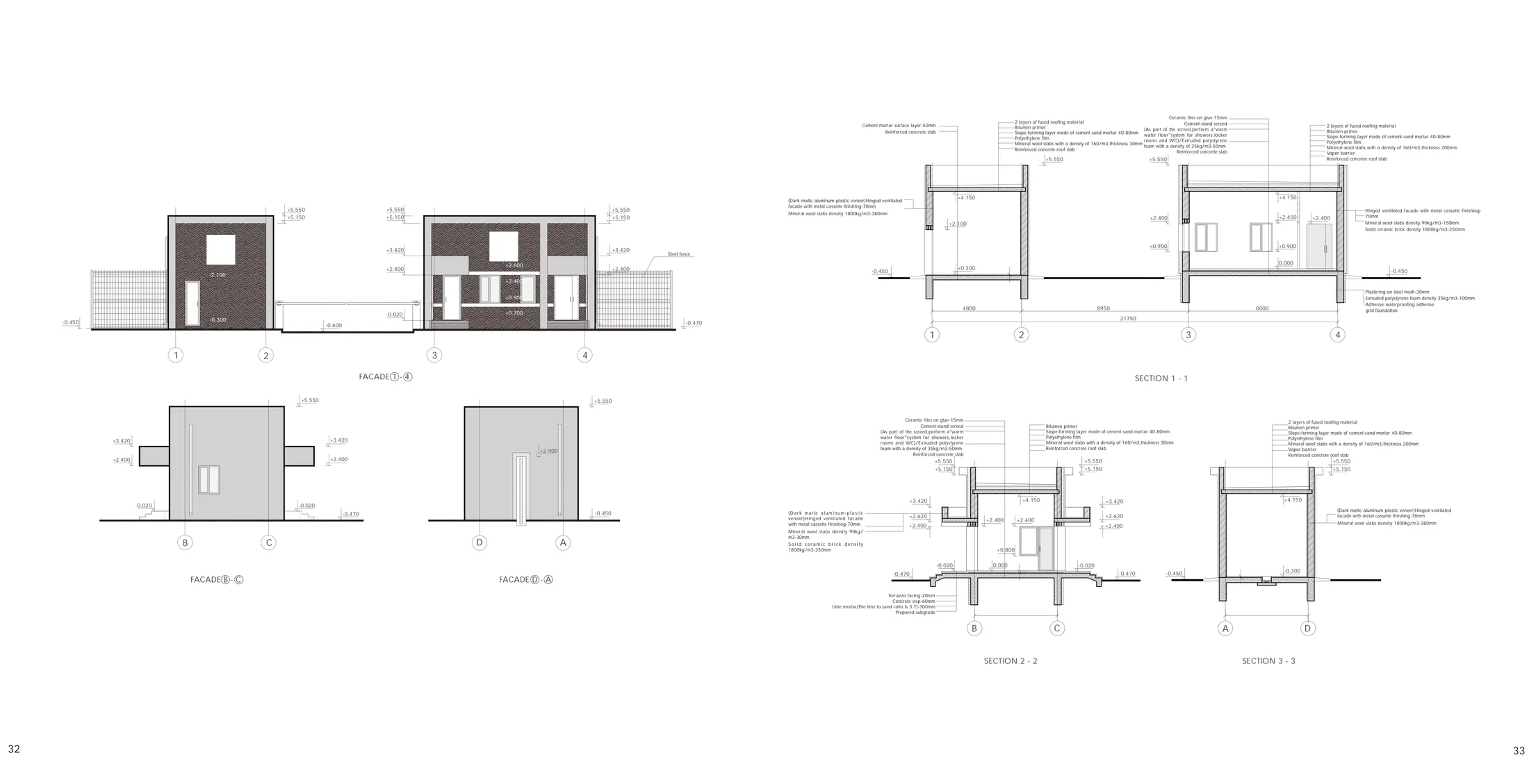 Architecture portfolio spread 17: Gatehouse elevations and construction sections
